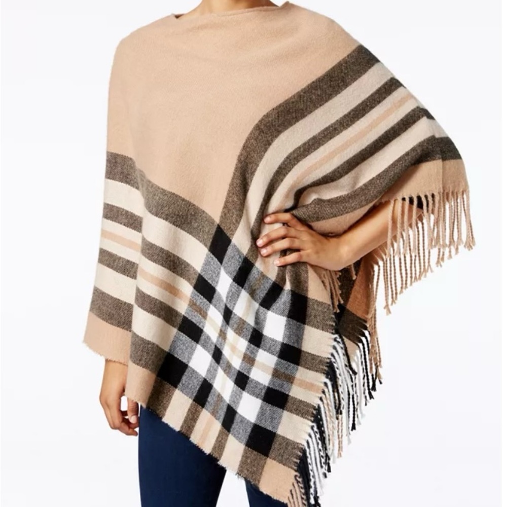 V. Fraas Poncho sweater, camel-plaid, One Size, Like NEW